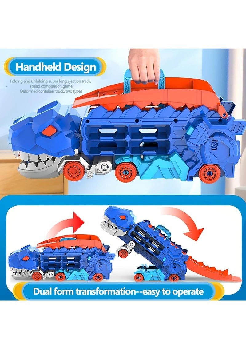 Transporter Dinosaur Truck Toy, Cars Track Set Dinosaur Transporter Truck with 8 Die-Cast Car Toys, Transforms into Dino, Transform Car Toys Gifts Set for Kids Boys Girls