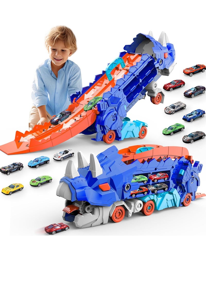 Transporter Dinosaur Truck Toy, Cars Track Set Dinosaur Transporter Truck with 8 Die-Cast Car Toys, Transforms into Dino, Transform Car Toys Gifts Set for Kids Boys Girls