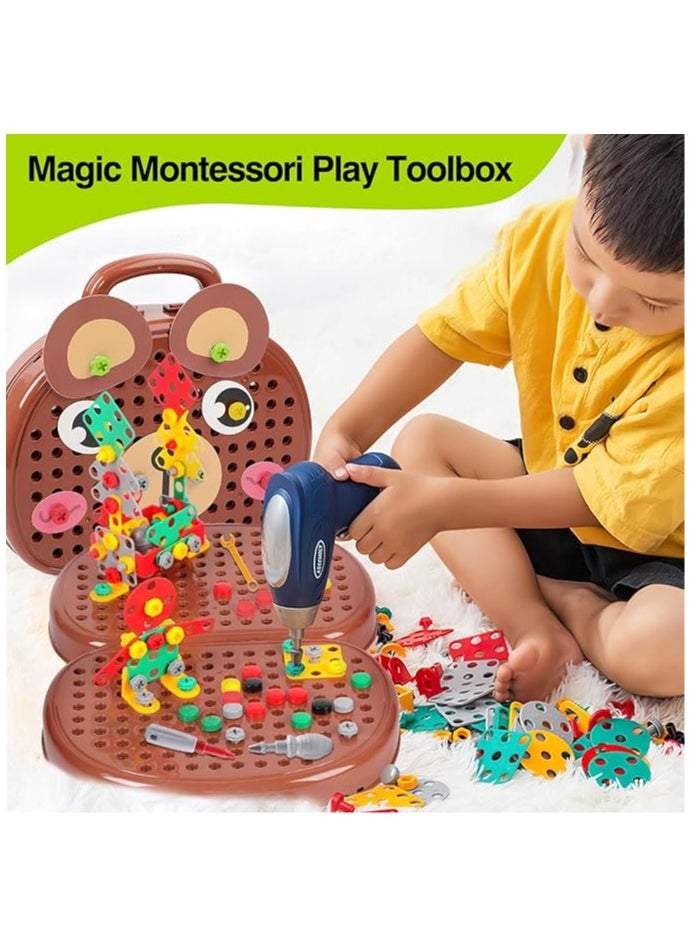 Magic Montessori Play Toolbox 203Pcs Magic Montessori Play Toolbox Bear with Drill 2D/3D Creativity Tool Box Toys Gift for Age 3-12 Years Old Boys Kids Girls Gift