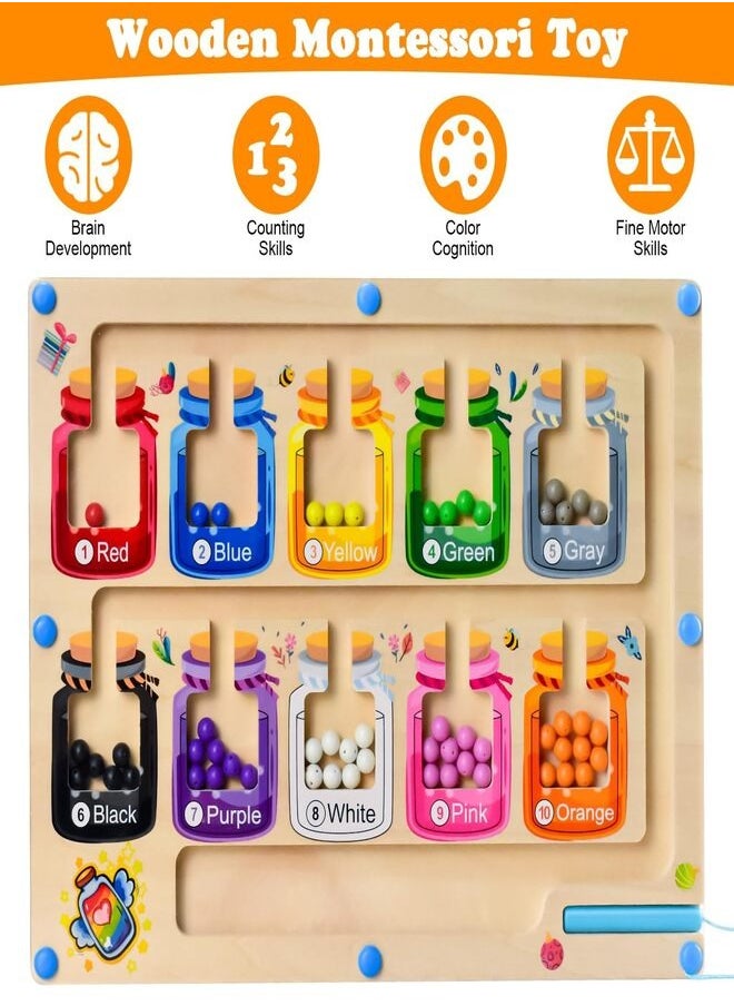 Magnetic Color and Number Maze for 3-5 Year Old Boys and Girls - Wooden Toddler Puzzle Board for Learning, Counting, and Fine Motor Skills Development