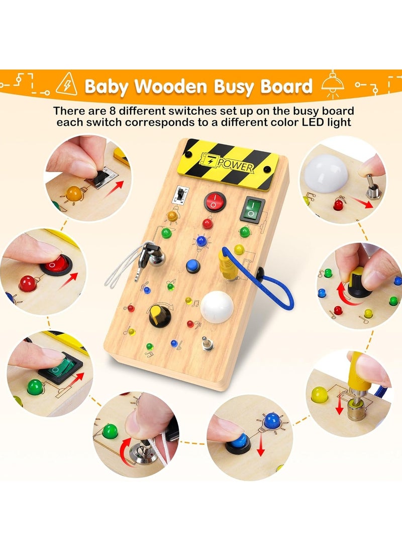 Montessori Baby Busy Board with 8 LED Light Switches - Engaging Sensory Toy for Toddlers, Educational Learning Activity, Perfect Travel Gift for 1+ Year Olds