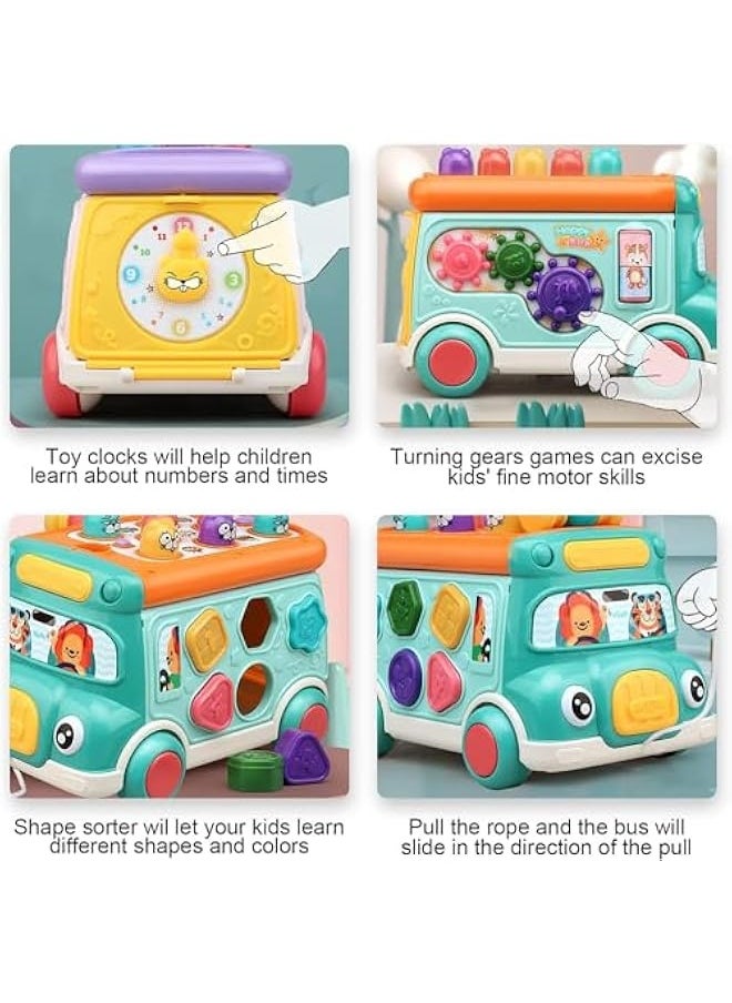 Push Pull Bus Toy for Toddlers, Baby Musical Learning Toys with Sound and Light, Includes Whack-a-Mole Game, Shape Matching, Gear Toy, and Toy Clock, Activity Bus for Early Education, Fun Gift