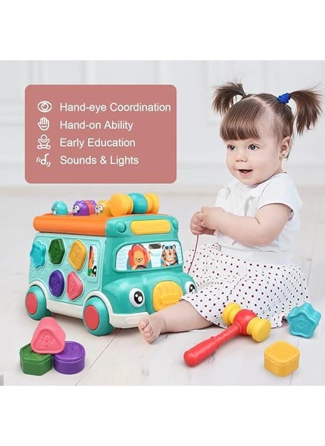 Push Pull Bus Toy for Toddlers, Baby Musical Learning Toys with Sound and Light, Includes Whack-a-Mole Game, Shape Matching, Gear Toy, and Toy Clock, Activity Bus for Early Education, Fun Gift