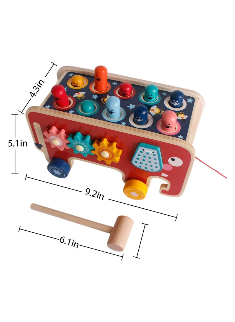 Whack a Mole Game for Toddlers, Wooden Educational Toy for Hammering, Pounding, Hitting and Pull Along, Xylophone, Elephant, Gopher, Mouse and Hamster, Gift for 3+ Years Boys and Girls