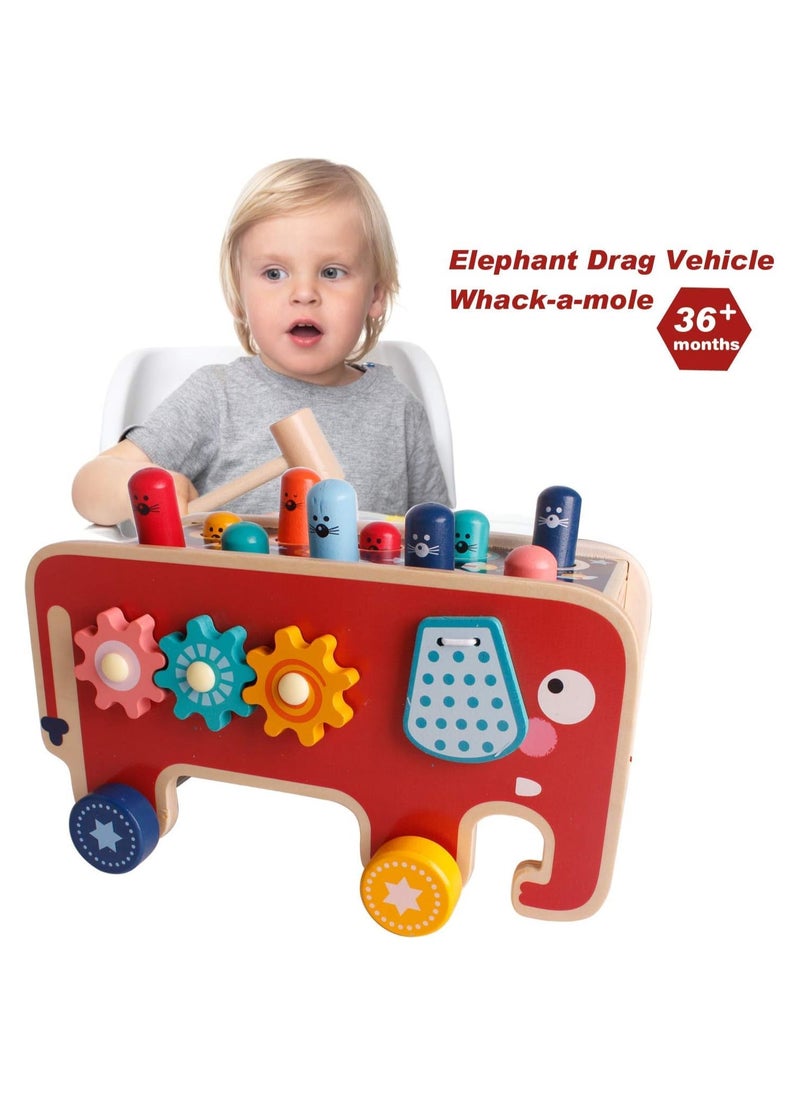 Whack a Mole Game for Toddlers, Wooden Educational Toy for Hammering, Pounding, Hitting and Pull Along, Xylophone, Elephant, Gopher, Mouse and Hamster, Gift for 3+ Years Boys and Girls