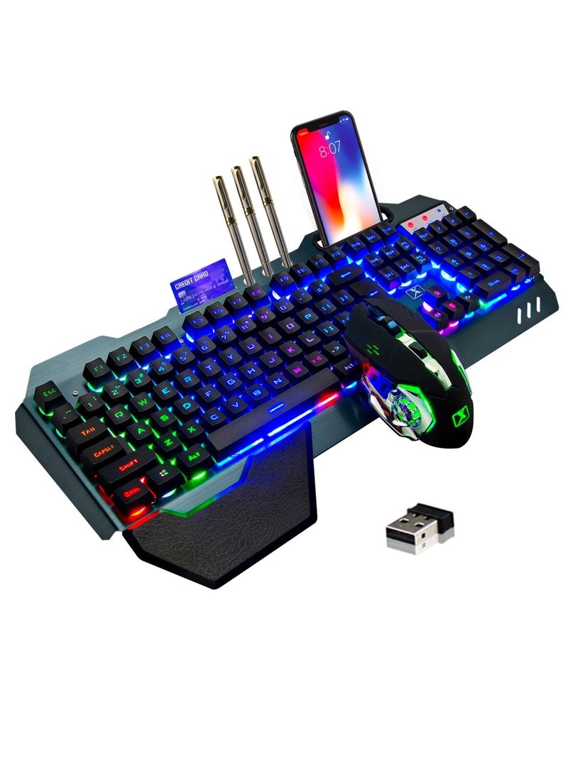 Wireless Gaming Keyboard And Mouse, Quiet Ergonomic Mechanical Feeling Keyboard With Removable Hand Rest, Portable Durable Rechargeable Keyboard Mouse Set PC Gamer, (Black Rainbow)