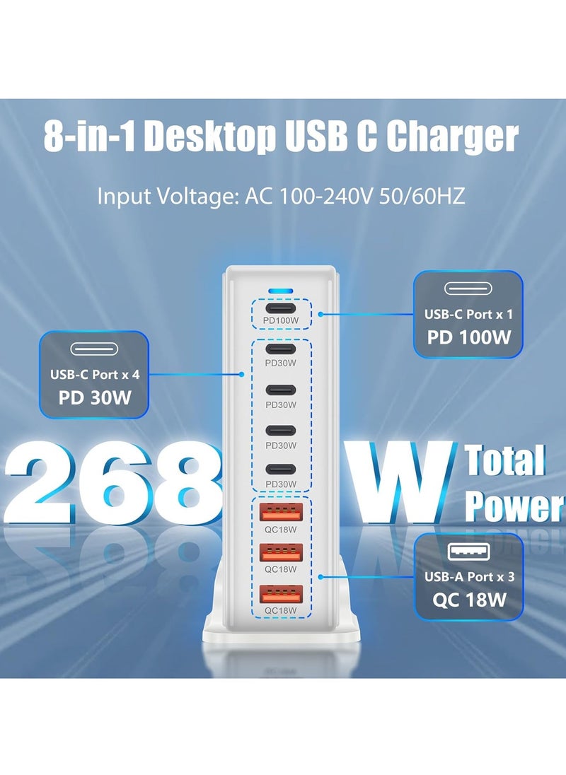 268W Charging Station USB C Charger, 7 Ports Charger Type C - GaN PD 100W Charger Power Adapter for Macbook, iPhone, Galaxy, iPad, Honor