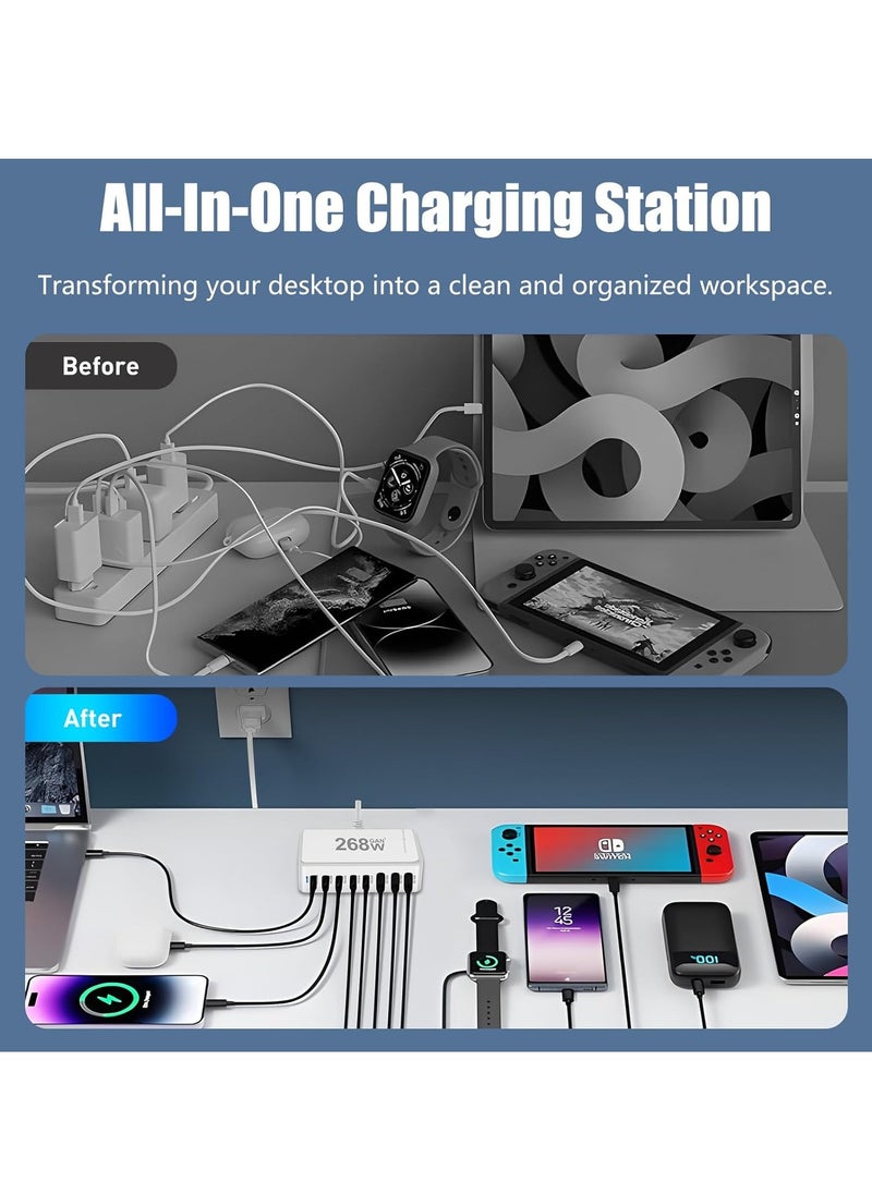 268W Charging Station USB C Charger, 7 Ports Charger Type C - GaN PD 100W Charger Power Adapter for Macbook, iPhone, Galaxy, iPad, Honor