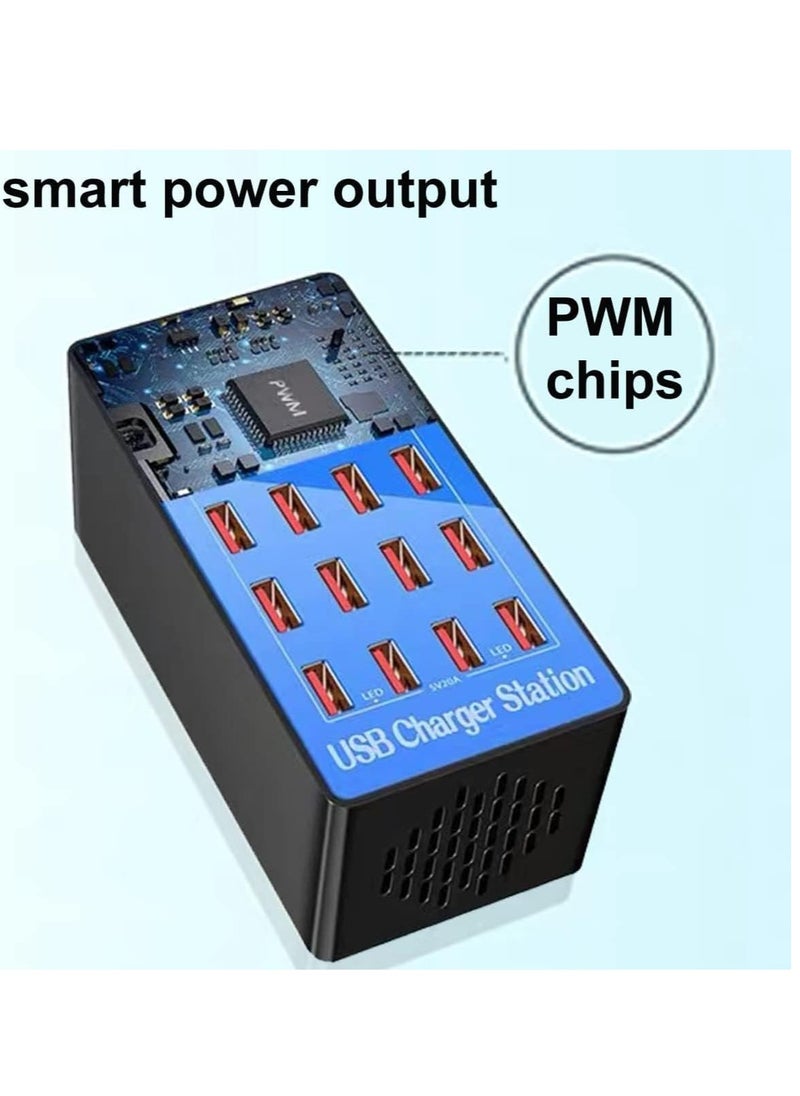 20-Port Multi Ports USB Charger, 100W Multi-USB Charging Station, Multi-Port USB Charger with Smart Detection to charge smartphones, tablets and other USB devices.