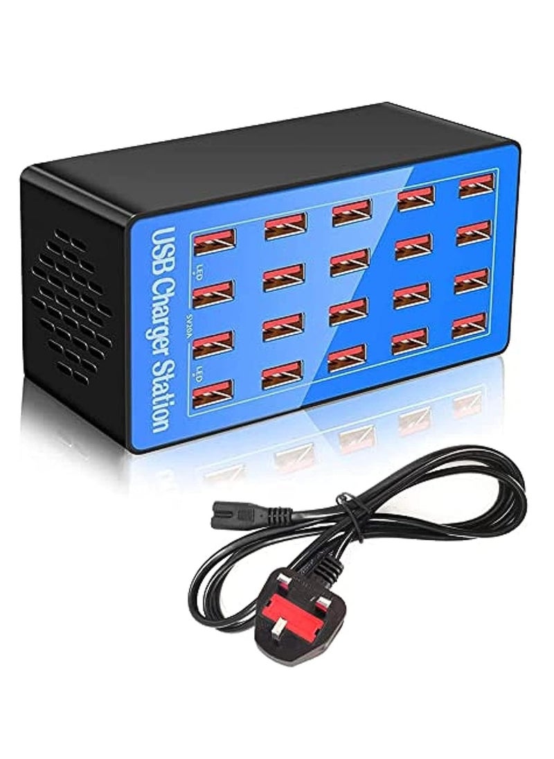 20-Port Multi Ports USB Charger, 100W Multi-USB Charging Station, Multi-Port USB Charger with Smart Detection to charge smartphones, tablets and other USB devices.