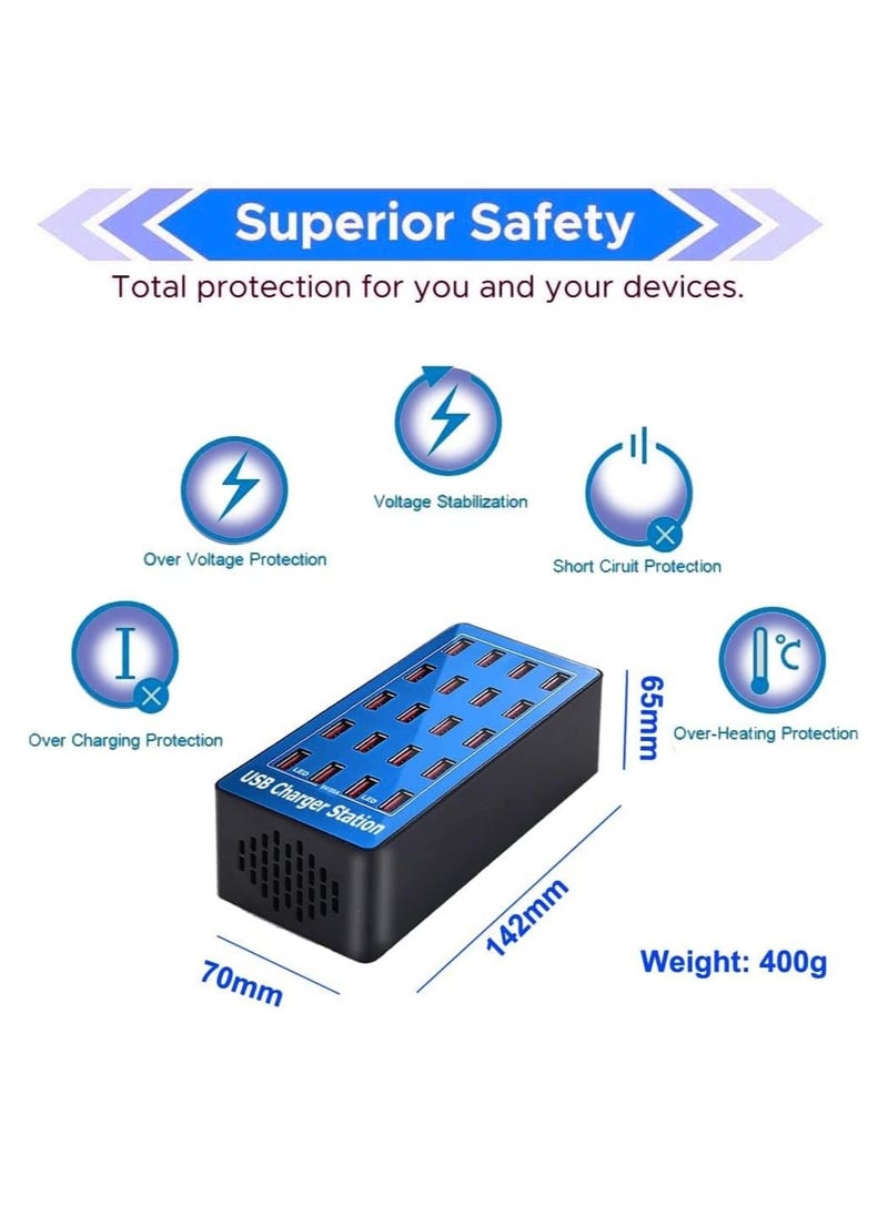 20-Port Multi Ports USB Charger, 100W Multi-USB Charging Station, Multi-Port USB Charger with Smart Detection to charge smartphones, tablets and other USB devices.