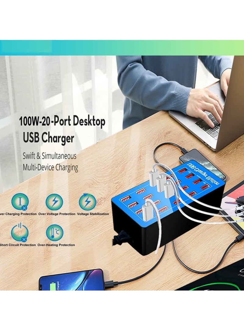 20-Port Multi Ports USB Charger, 100W Multi-USB Charging Station, Multi-Port USB Charger with Smart Detection to charge smartphones, tablets and other USB devices.