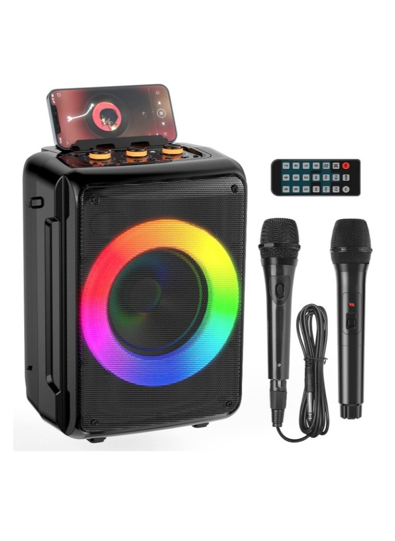 Bluetooth Subwoofer, Bluetooth Speaker With Two Microphones, Durable High Quality Sound Karaoke Machine, Portable Music Player With Remote Control And Led Lights, (Black)