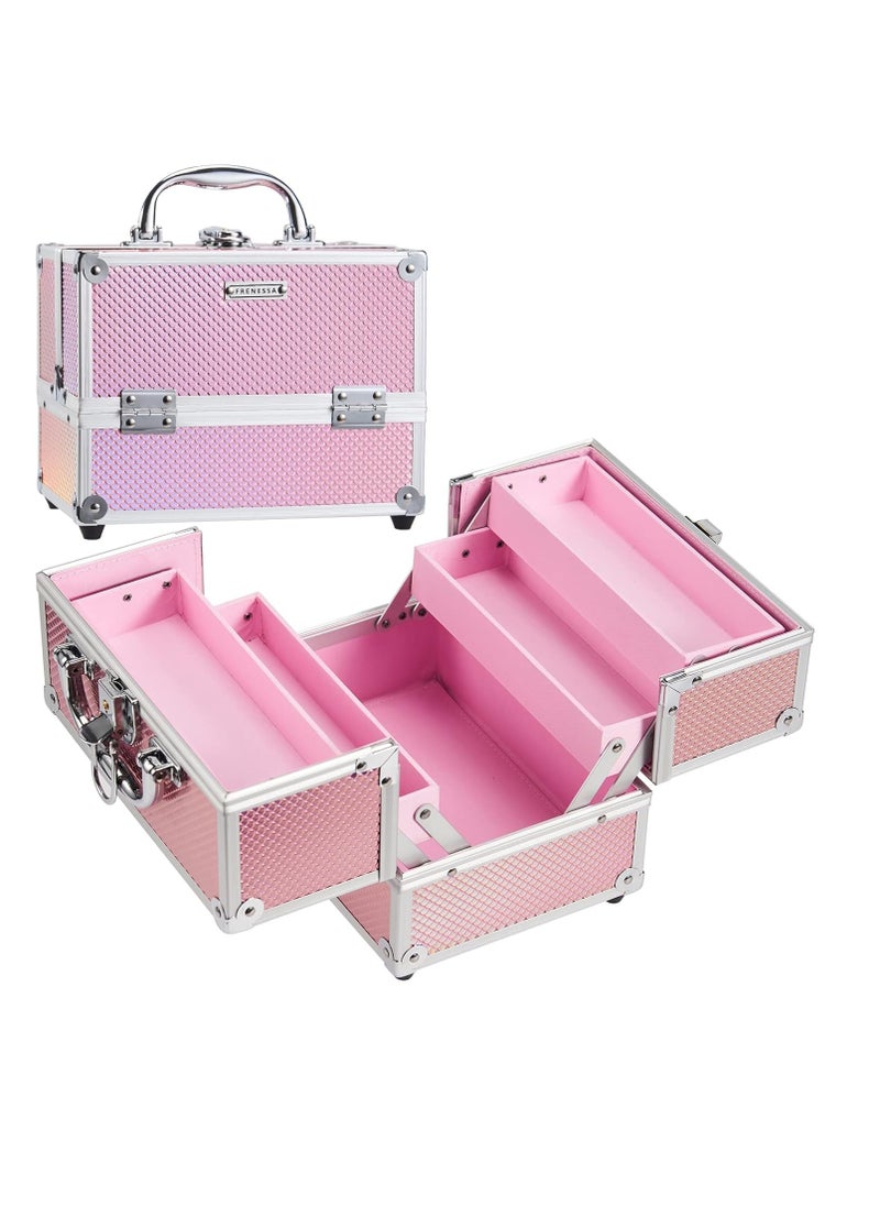 Makeup Train Case Beauty Cosmetic Box 4 Tier Trays Jewelry Storage Organizer with Lockable Pink Lining Perfect for Women and Girls Mermaid Pink