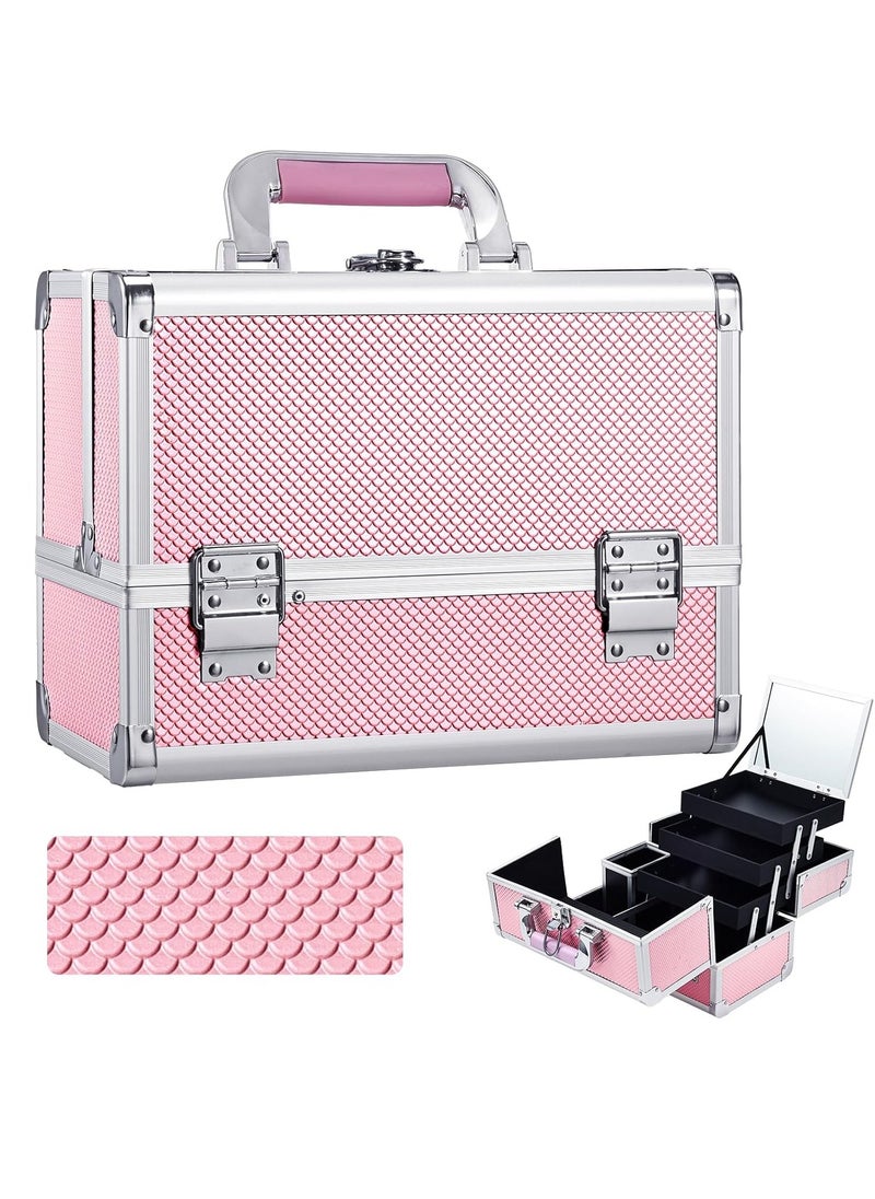 Makeup Train Case Cosmetic Box Jewelry Organizer Professional Three Tiers Trays with Mirror and Brush Holder Lockable Key Portable Travel Mermaid Pink