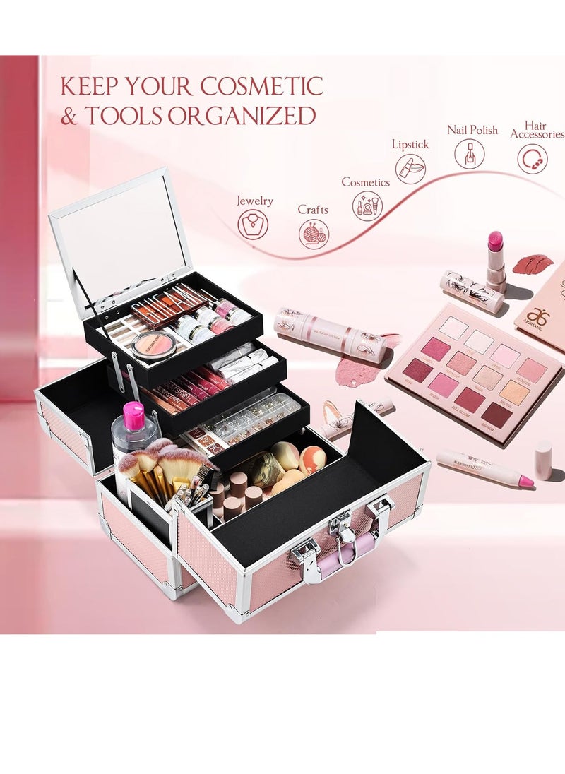 Makeup Train Case Cosmetic Box Jewelry Organizer Professional Three Tiers Trays with Mirror and Brush Holder Lockable Key Portable Travel Mermaid Pink