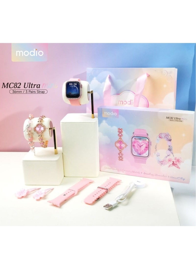 Modio MC82 Ultra Mini 36mm Micro Curved Display Ladies Smart Watch With Quartz Analog Watch Gemstone Bracelete and 3 Pair Straps Pink