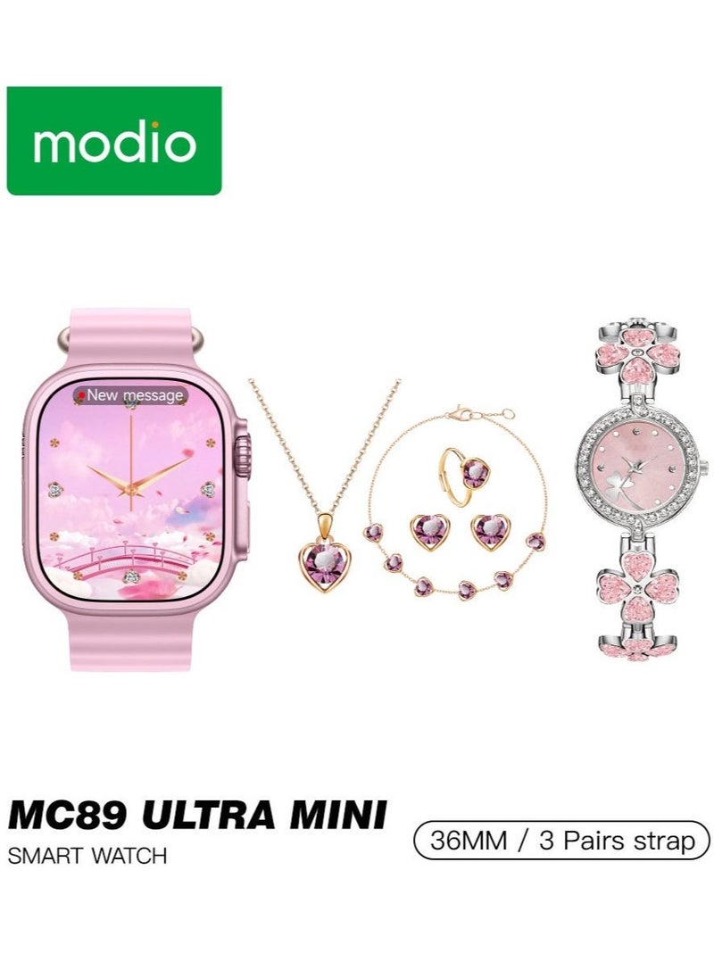 Modio MC 89 Ultra Mini Exclusive Design Two Ladies Watch with Fancy Ornaments Combo Pink