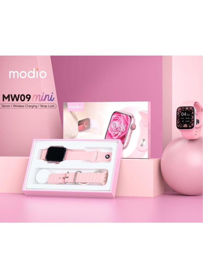 Modio MW09 Mini 36MM Smart Watch With 2 Pair Straps and Wireless Charger For Ladies and Girls Pink