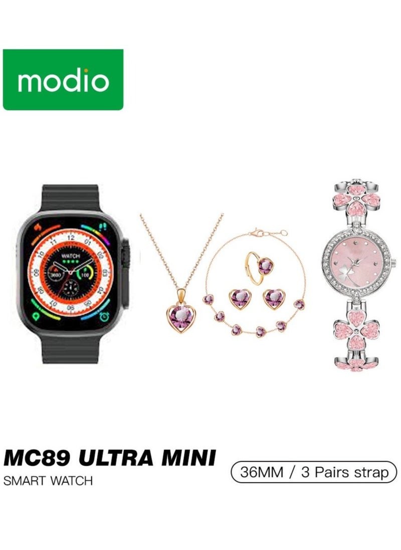 Modio MC 89 Ultra Mini Exclusive Design Two Ladies Watch with Fancy Ornaments Combo Black