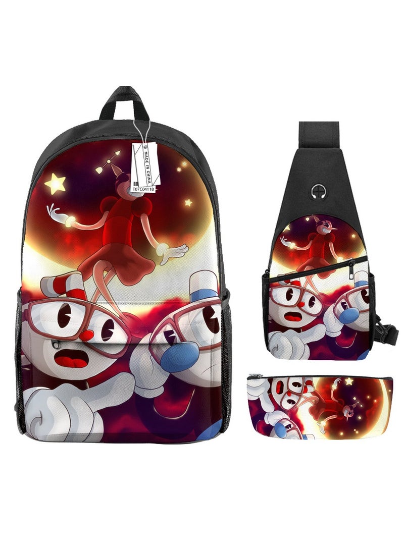 Backpack polyester schoolbag large-capacity cross-body bag student (new three-piece set)\\C04-: Teacup Warrior Cuphead