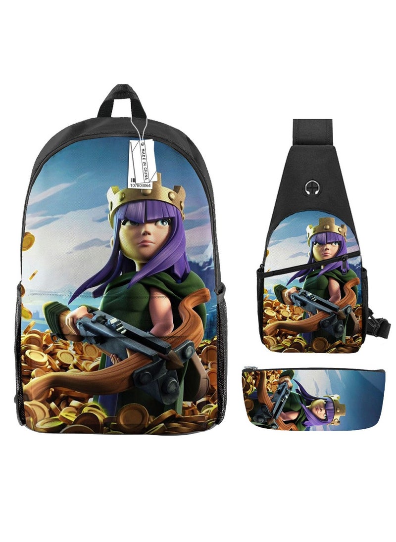 Backpack polyester schoolbag large-capacity cross-body bag student (new three-piece set)\\B03-: Village Battle/Tribal Bar Clash of Clans