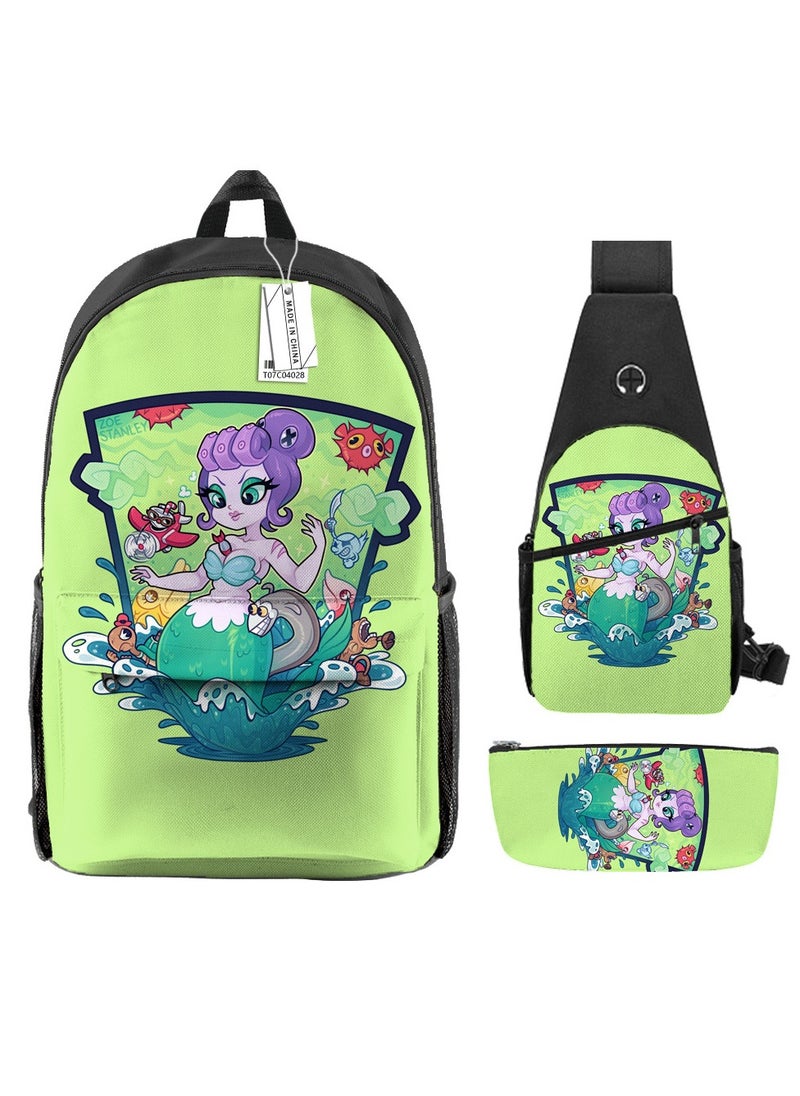 Backpack polyester schoolbag large-capacity cross-body bag student (new three-piece set)\\C04-: Teacup Warrior Cuphead