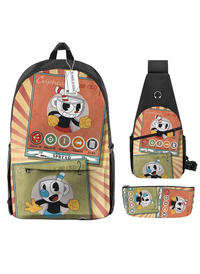 Backpack polyester schoolbag large-capacity cross-body bag student (new three-piece set)\\C04-: Teacup Warrior Cuphead