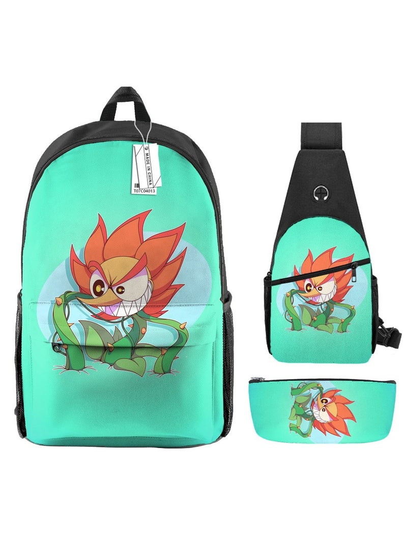 Backpack polyester schoolbag large-capacity cross-body bag student (new three-piece set)\\C04-: Teacup Warrior Cuphead