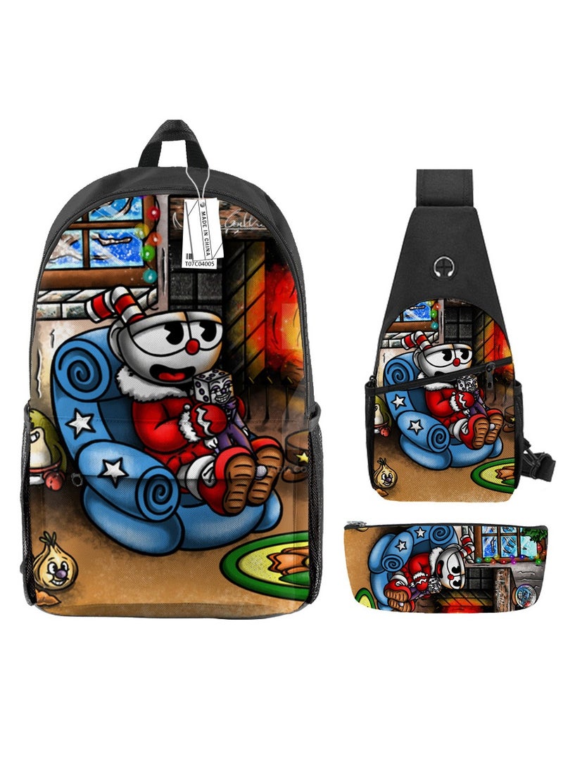 Backpack polyester schoolbag large-capacity cross-body bag student (new three-piece set)\\C04-: Teacup Warrior Cuphead