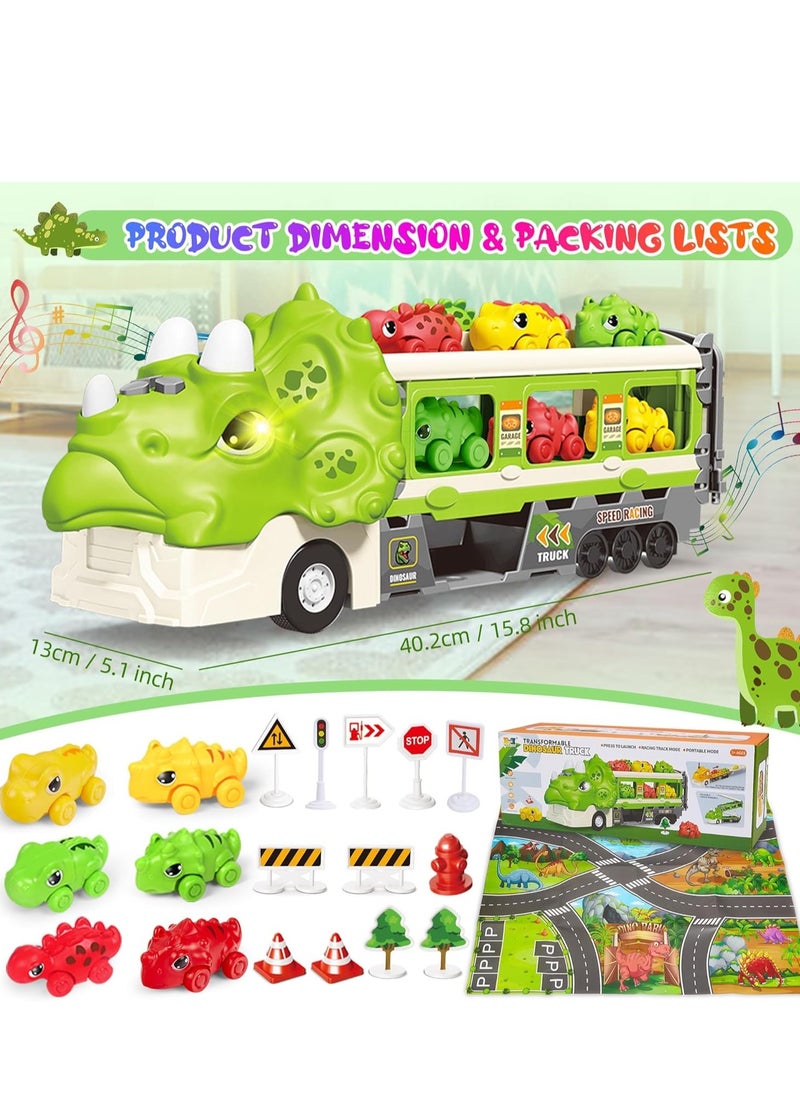 Dinosaur Truck Toys for Kids, Triceratop Transport Carrier with Folding Race Track and 6 Race Car, Dinosaur Play Set with Flashing Lights and Sounds Birthday Gifts