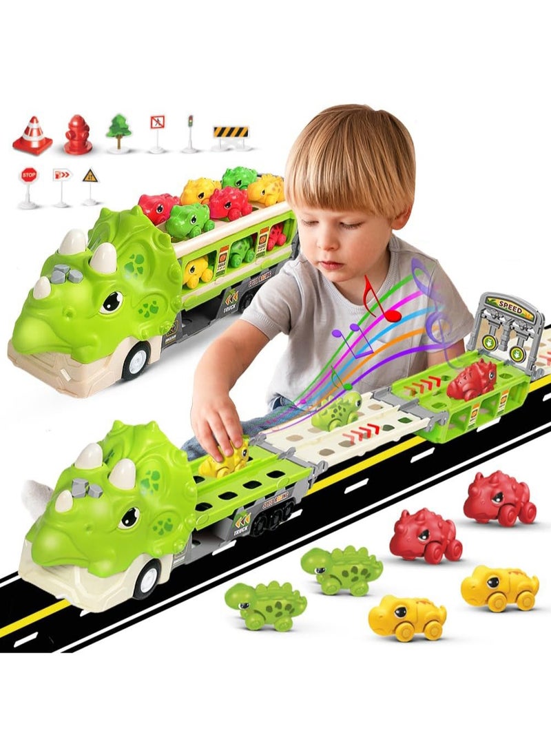 Dinosaur Truck Toys for Kids, Triceratop Transport Carrier with Folding Race Track and 6 Race Car, Dinosaur Play Set with Flashing Lights and Sounds Birthday Gifts