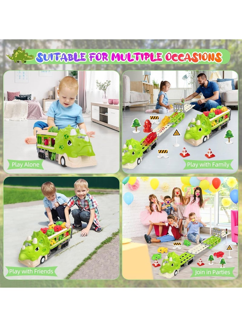 Dinosaur Truck Toys for Kids, Triceratop Transport Carrier with Folding Race Track and 6 Race Car, Dinosaur Play Set with Flashing Lights and Sounds Birthday Gifts