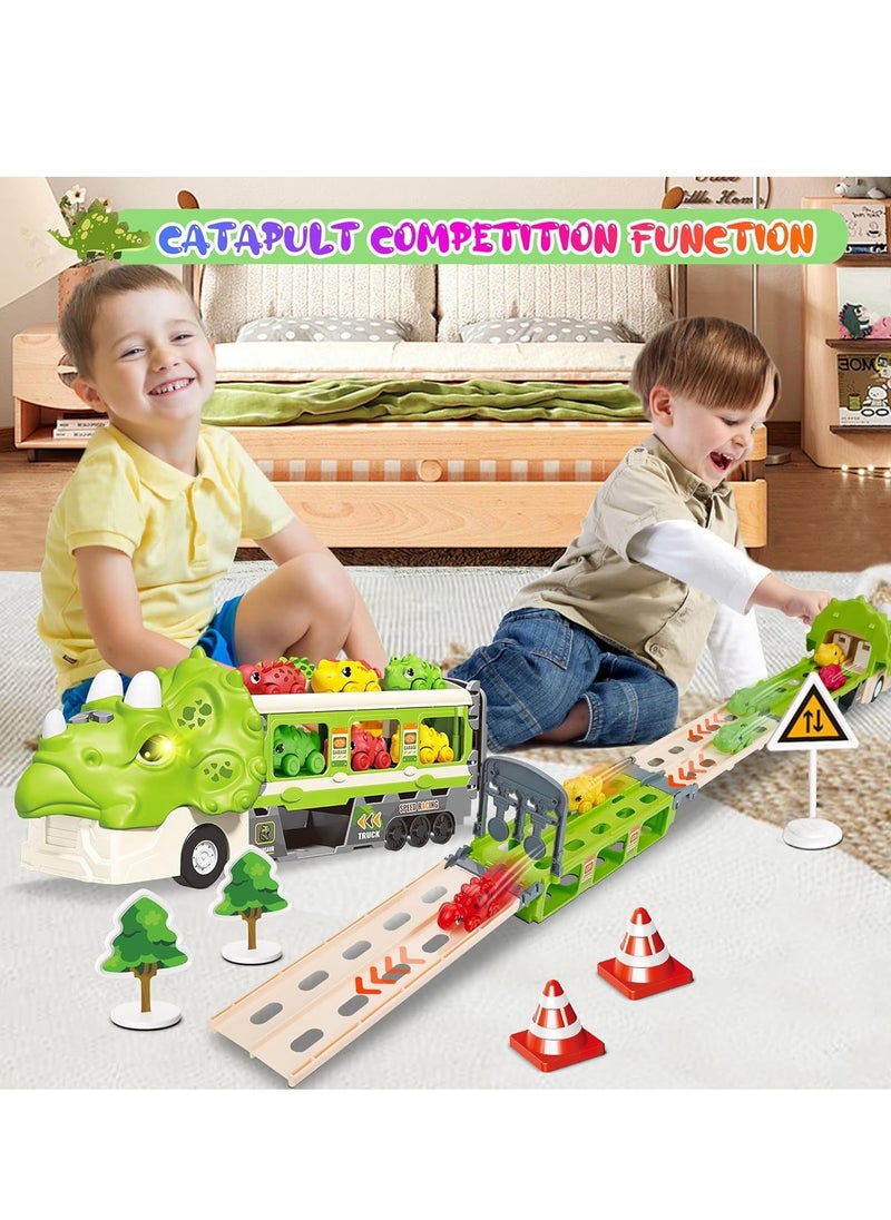 Dinosaur Truck Toys for Kids, Triceratop Transport Carrier with Folding Race Track and 6 Race Car, Dinosaur Play Set with Flashing Lights and Sounds Birthday Gifts