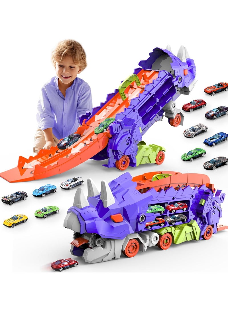 Dinosaur Truck Toys for Kids, Transforms into Triceratops with Race Track Set, Ultimate City Dinosaur Transporter Hauler with 8 Cars, Birthday Gifts Toys for Boys Girls