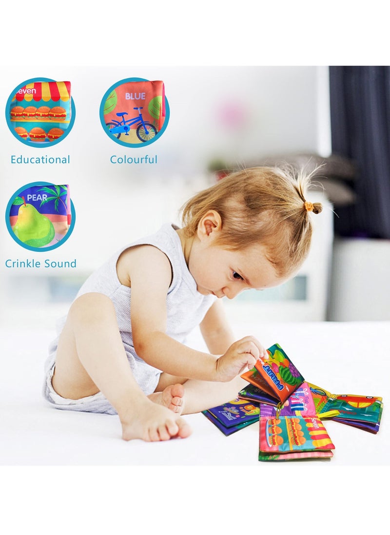 4-Pack Colorful Soft Cloth Baby Books, Interactive Learning Toys for Infants, Touch and Feel Crinkle Books Exploring Colors, Shapes, Numbers and Fruits