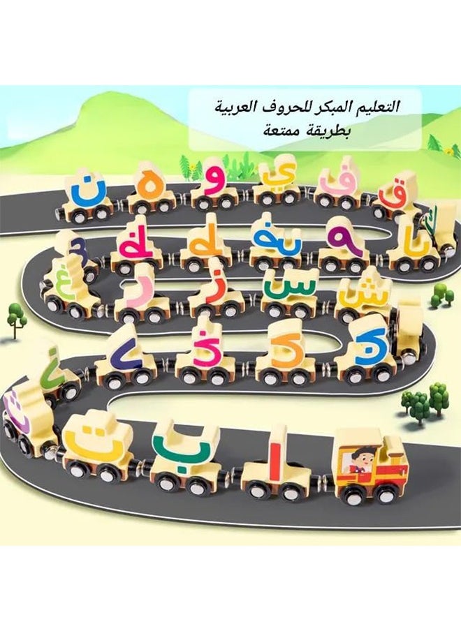 Wooden Arabic Alphabet Train Toy 29 PCS with Magnets for Toddlers, Compatible with Standard Train Set Tracks Wooden Double-Sided