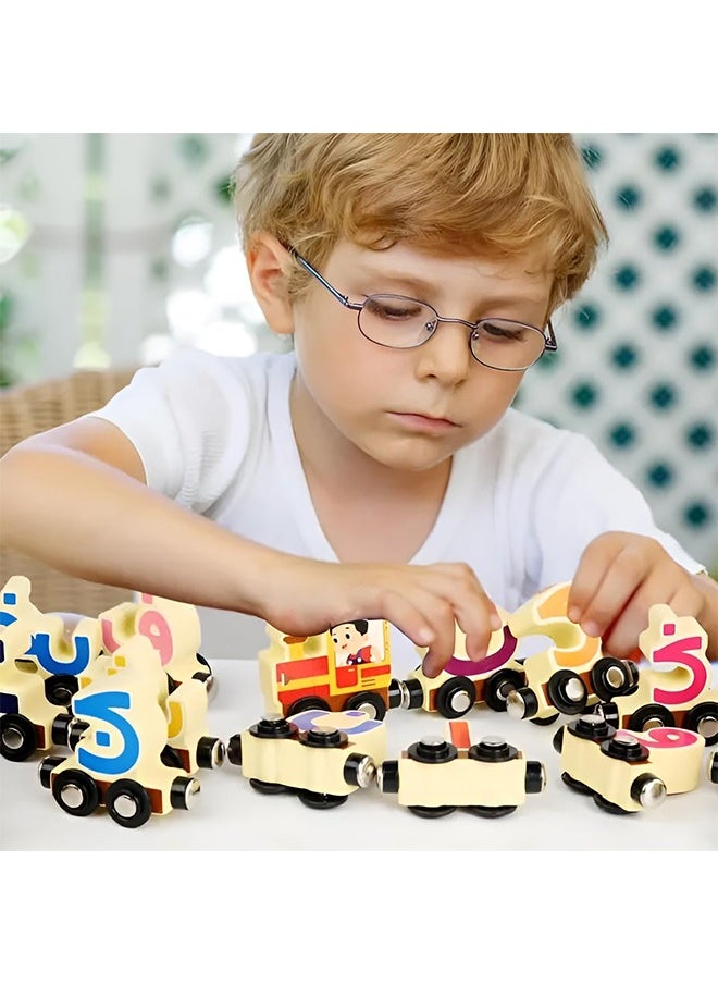 Wooden Arabic Alphabet Train Toy 29 PCS with Magnets for Toddlers, Compatible with Standard Train Set Tracks Wooden Double-Sided