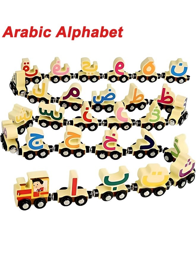 Wooden Arabic Alphabet Train Toy 29 PCS with Magnets for Toddlers, Compatible with Standard Train Set Tracks Wooden Double-Sided