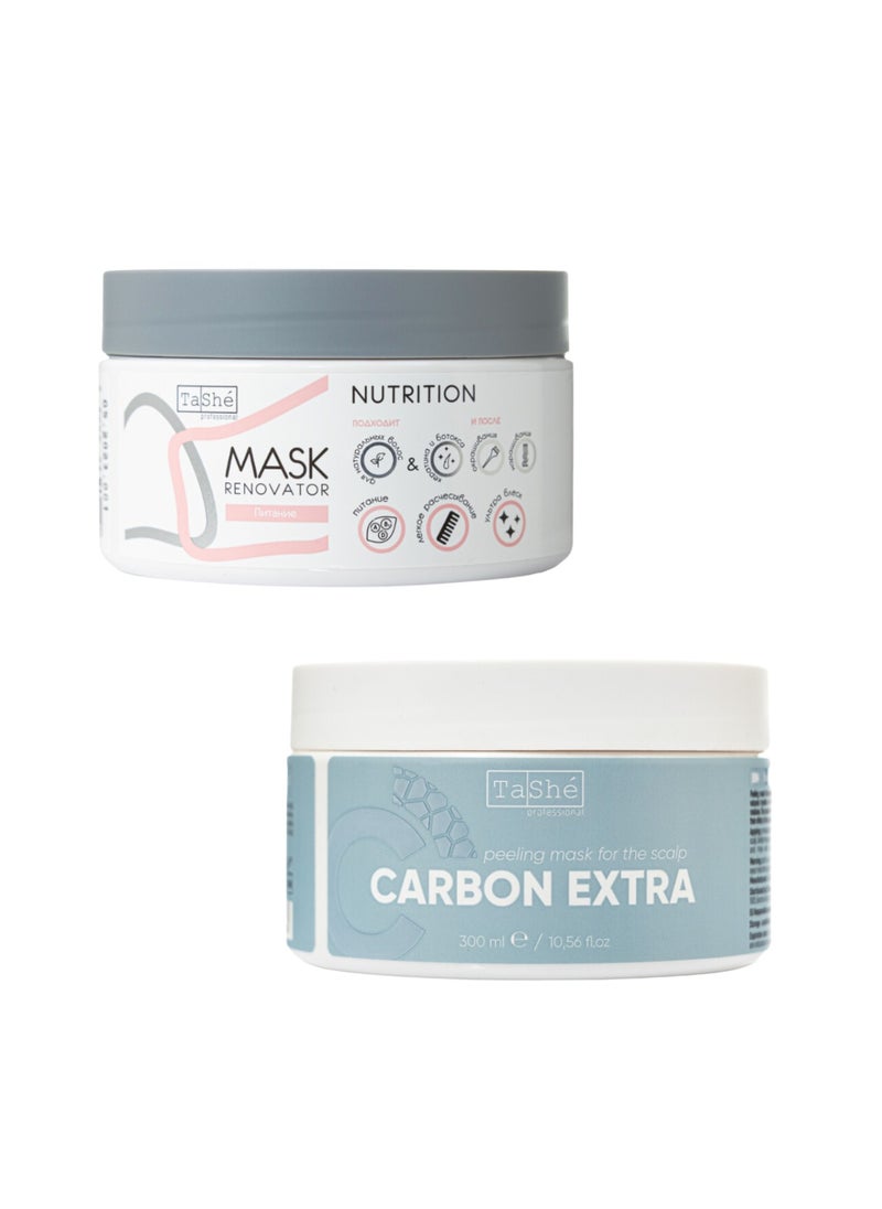 Deep Cleansing & Nutrition Bundle – Carbon Scalp Peeling Mask, Deep Nutrition Hair Mask | Volcanic Rhyolite, Zinc PCA, Avocado & Mango, 2x300ml