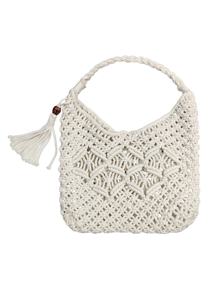 Handmade Crochet Shoulder Bag, Handbag with Boho Style Tassel Design, Women's Cotton Rope Crochet Bag, Knit Tote Bag, Beige