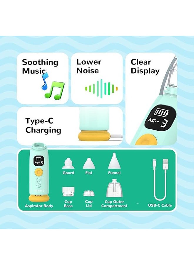 Baby Nasal Aspirator, Electric Nose Suction with 3Pcs Silicone Nose Tips, 3 Levels of Suction, Music Soothing Function Rechargeable Portable for Newborns, Toddlers, Clear Nasal Congestion