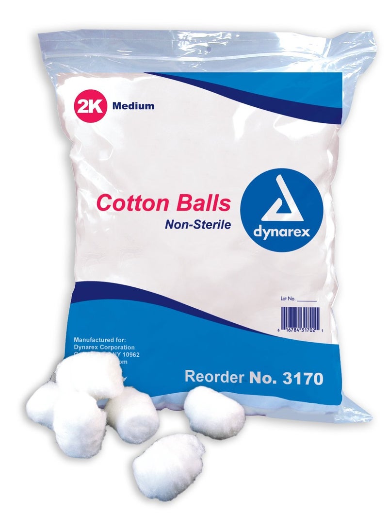 Dynarex Cotton Balls, Non-Sterile and Medium, Latex-Free and Absorbent, For Skin Cleansing, Crafts, & as Makeup Remover, Ships as 2 Bags of 2000 Cotton Balls Each, 1 Case of 4000 Dynarex Cotton Balls