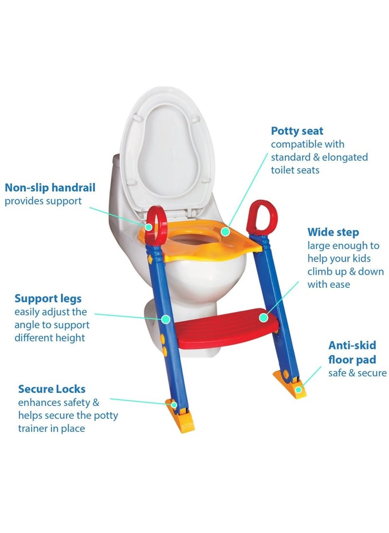 Portable Potty Training Ladder Seat for Kids | Anti-Skid Feet & Adjustable Steps | Comfortable Potty Seat with Handrail | Blue & Red Toilet Training Ladder for Boys & Girls