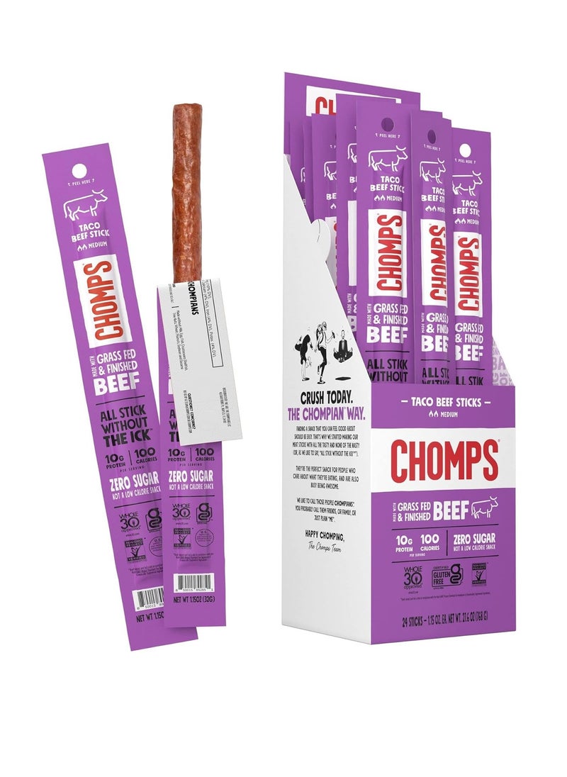 Grass Fed Taco Beef Jerky Snack Sticks, Keto, Paleo, Whole30 Approved, Non-GMO, Gluten Free, Sugar Free, High Protein, 90 Calorie Snacks, 1.15 Oz Meat Stick, Pack Of 24