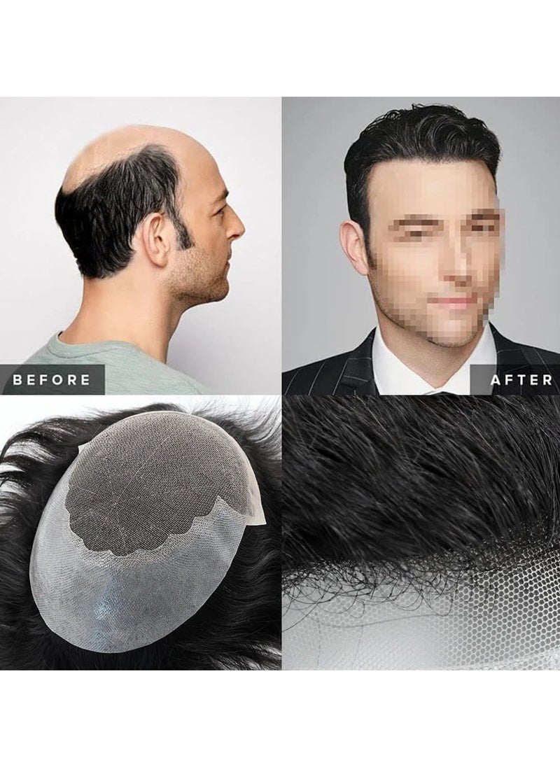 Men Natural Hair Toupee, Human Hair Q6 Swiss Lace Base PU Around Man Hair Replacement System, For Thin Or Hairloss