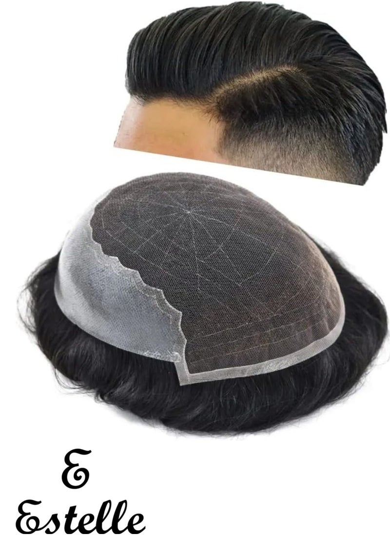 Men Natural Hair Toupee, Human Hair Q6 Swiss Lace Base PU Around Man Hair Replacement System, For Thin Or Hairloss