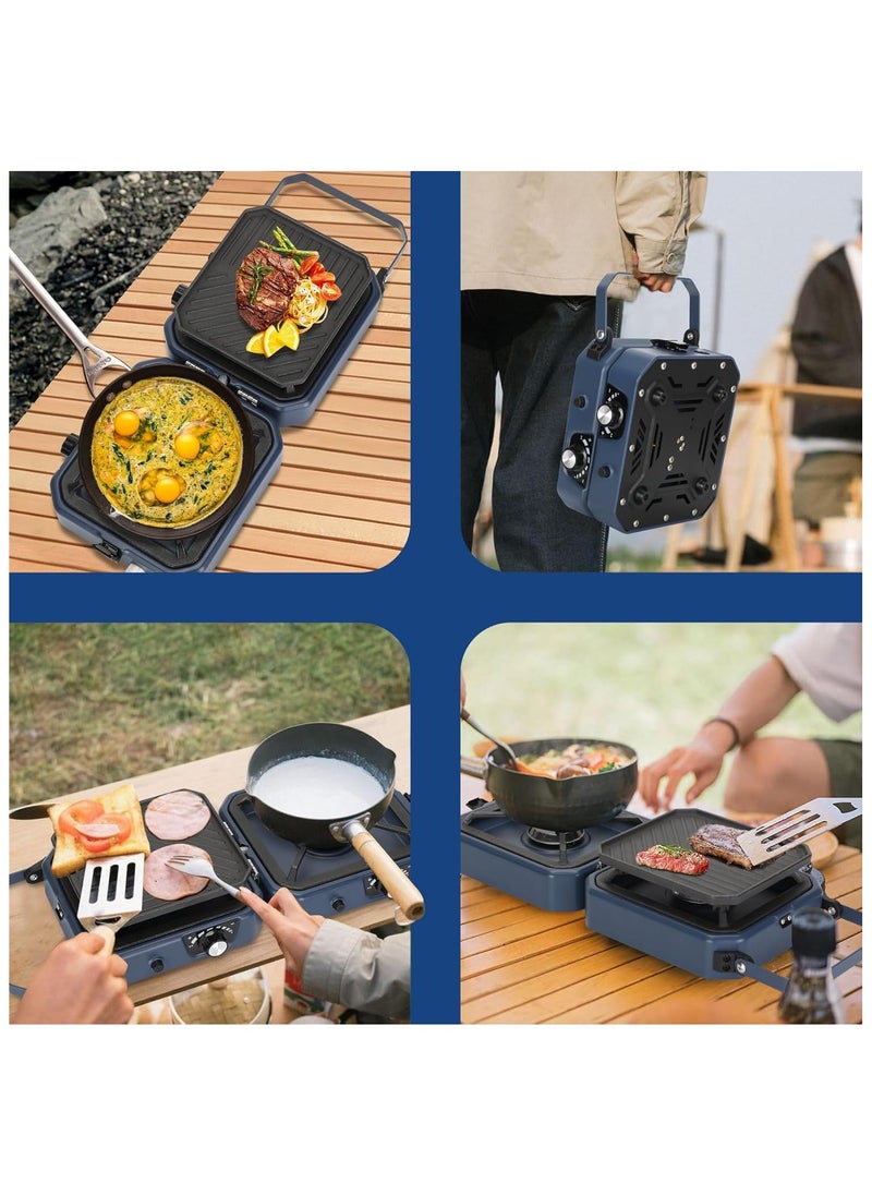 Folding Camping Stove with Griddle – Portable 2-Burner Gas Stove, 16000 BTU, Piezo Ignition, Adjustable Burners, Compatible with Propane & Butane Cylinders – Ideal for Outdoor Cooking, Hiking, and Camping