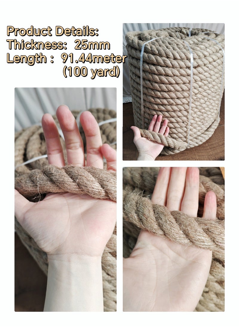 Jute Rope,25mm Thick,91.44m,Strong Hemp Twine Cord For DIY Crafts, Decoration, Gift Wrapping, Garden, Hanging and Packing And Pets Eco Friendly Durable Utility Rope