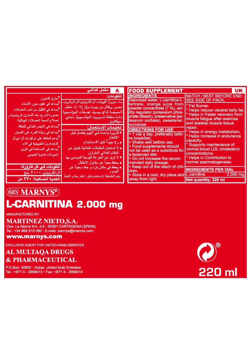 Marnys L-Carnitine 2000 mg - Liquid Fat Burner - Weight Loss Support - Muscle Recovery - Boosts Physical Performance & Metabolism - 20 Drinkable Vials